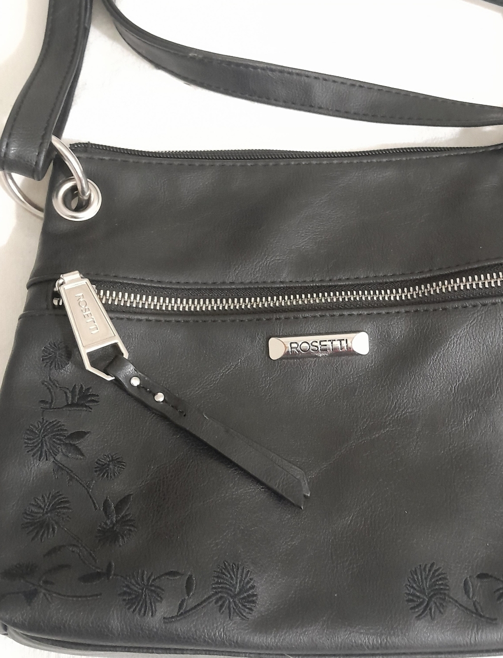 Rosetti Black Floral-Embossed Crossbody Purse with Silver Hardware